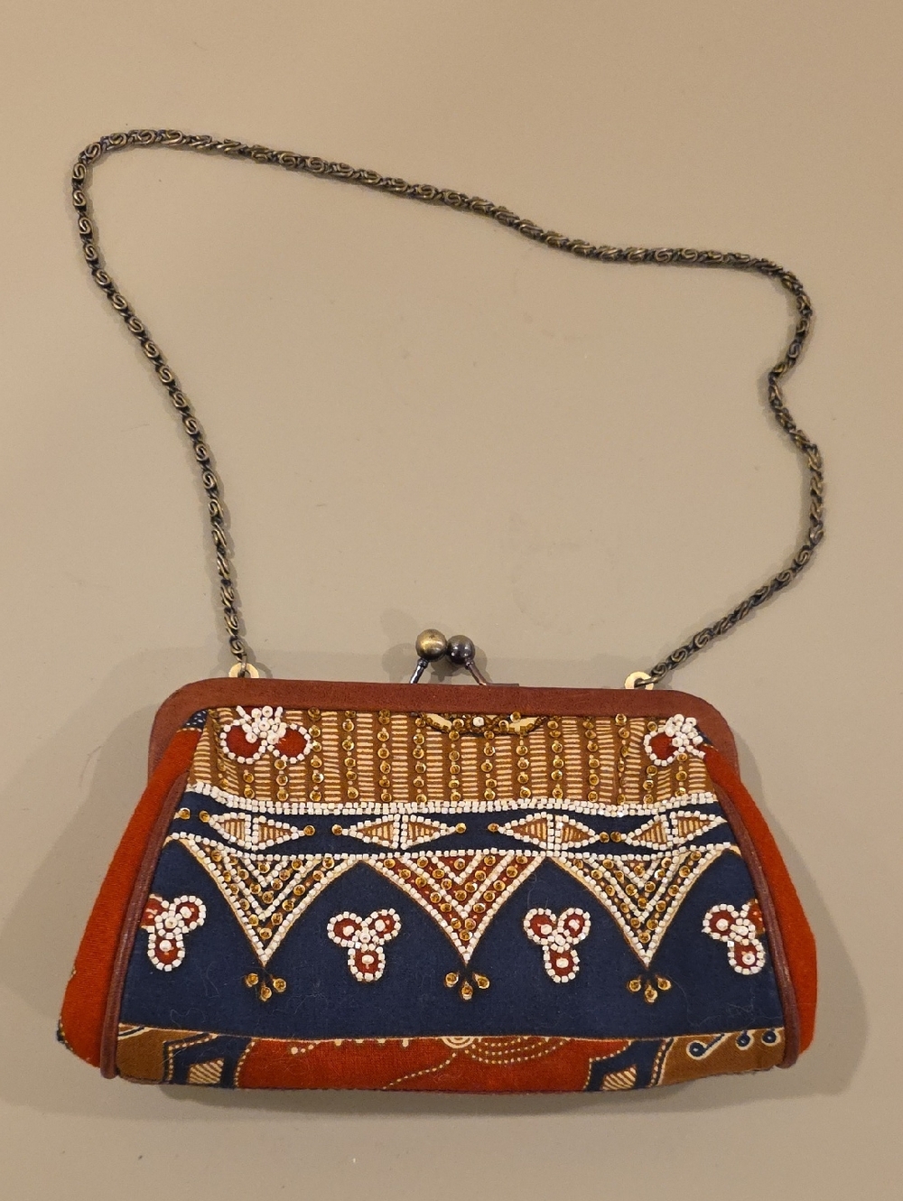Isabella Fiore Navy and Rust Beaded Clutch with Chain Strap